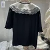 Dames Blouses Europees Zwart Zijdeachtig Shirt Korte mouw 2023 Zomer Leeftijdverlagend Zoet Kanten Pop-hals Contrasterende kleur Blouse Top