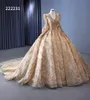 Luxury Gold Ball Gown Evening Dresses Full Sleeve V-Neck Pearls SM222231