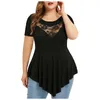 Camiseta de talla grande para mujer, Top sexy de encaje, cuello redondo floral sólido, tops asimétricos de tres cuartos, blusas elegantes de verano para oficina para mujer 230905