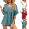 Women's T Shirts Summer Casual V Neck Pleated Shirt Doll Loose Ruffled Top Corduroy Jacket