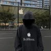 Be Different Apple Embroidery Loose Hoodie Pullover Worn Out Washed Black Sweater Loose Fit Sweater