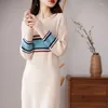 Kadın Sweaters Yüksek Kaliteli Merino Yün Örme Temel Sweater yaka Uzun kazak Sonbahar Elbise Kore Moda Top