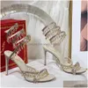 Sandals Crystal Lamp Stiletto Heel For Womens Shoe Rene Caovilla Cleo Rhinestone Studded Snake Strass Shoes Luxury Designers 9.5Cm H Dhq8I