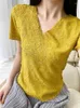 Kvinnors T-skjortor högkvalitativ Miyake veckad V-ringning Slim Short-Sleeved T-shirt 2023 Summer Hand-Wrinkled Bottoms-ärmad toppar