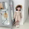 ガールSドレス春の夏の女の子服をかわいい子供時代の女の子格子縞の綿リネンラペルカラードレス長袖スカート230906