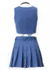 Vestido de dos piezas Fantoye Flores de verano Conjuntos de mujeres Correa de espagueti azul Tops Faldas plisadas de cintura alta Mujer Traje de falda de niña picante 230906