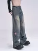 Jeans pour hommes Yihanke Mâle Y2K High Street Patchwork Lâche Hommes Creux Tendance Vintage Bouton Métal Droit Denim Pantalon Large Jambe