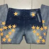 Yepyeni erkek yırtılmış kot pantolon deri sarı yıldızlar sıkıntılı erkekler denim robin pantolon sıska fit ince streç nakış patchwork