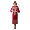 Ethnic Clothing Women Phoenix Embroidery Qipao Toast Short Sleeve Wedding Dress Sexy Red Sparkly Exquisite Sequins Party