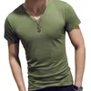 Costumes pour hommes A2567 Mode Fitness Col en V T-shirt à manches courtes Été Casual Gym Couleur unie Tops Plus Taille Slim Polyester T-shirts