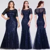 Vestidos de noite formais sempre bonito sereia o pescoço manga curta rendas apliques tule longo vestidos de festa robe soiree sexy sh190828252a