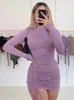 Vestidos Sexy Urbanos Manga Longa Ruched Bodycon Vestido Mulheres Turtleneck Bandage Mini Outono Preto Skinny Stretchy Party Vestidos 230906