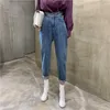 Kadın Kotları 2023 Vintage Yüksek Bel Pantolon Mavi Sokak Giyim Gevşek Düz Denim Pantolon Düğmesi Şık Kadın Cepleri