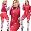 Two Piece Pants Tracksuit Sweatsuits Women Casual Print dragkedja och byxor sätter gratis fartyg