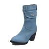 Blue Jeans Boots 여자의 중급 로마 로마 솔리드 슬립 온 Med Heels Boots Girls Shoes for Girls 신발을위한 큰 크기 35-43