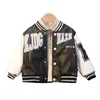 Jackets Baby Boys Letter Print Baseball Coat Stripes Collar Spring Faux Leather Moto Jackets for Children Racing Biker Coat FY11073 230906