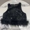 Tanques femininos Mulheres Preto Sexy Cheio Lantejoulas Pele Hems Tank Top Queda Colete Crop Tops para Festa