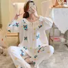 Mulheres sleepwear viscose mulheres 2pcs pijama terno manga longa impressão flor sono conjunto bonito adorável lingerie íntima casual roupas de casa