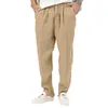 Herrbyxor Bomullslinne för män Autumn Summer High Elastic midja Drawstring Hip Hop Solid Loose Trousers Casual Male Workwear