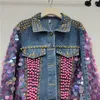 Damenjacken, Jeansjacke, Damen-Pailletten, kurzes Top, modisches Design, schwere handgefertigte rosa Pailletten, Herbst 2023 Jeans