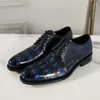 Chaussures habillées authentique peau de crocodile véritable Goodyear artisanat bleu foncé hommes véritable cuir d'alligator mâle à lacets fête Oxfords