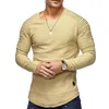 Camiseta masculina gola redonda, slim, cor sólida, camisa de manga comprida, listrada, pregas com mangas, estilo retrô de grandes dimensões, streetwear solto