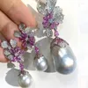 Orecchini pendenti di lusso in argento sterling 925 barocco con perle d'acqua dolce orecchino a forma di fiore pavimenta rosa CZ zircone cristallo due modi gioielli orecchio per