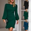 Vestidos casuais mulheres mini vestido com manga longa alargada tripulação pescoço cor sólida irregular plissado hem escritório senhora curto