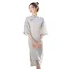 Ethnic Clothing Winter Short Sleeve Cheongsam Stand Collar Fashion Chinese Traditional Chiffon High Split Qipao