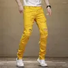 Jeans masculinos rasgados homens slim fit amarelo estiramento hip hop high street motocycle desgastado retalhos masculino calças jeans oco para fora