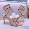 Sandals Crystal Lamp Stiletto Heel For Womens Shoe Rene Caovilla Cleo Rhinestone Studded Snake Strass Shoes Luxury Designers 9.5Cm H Dhq8I