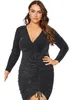 Robes de grande taille taille élégante printemps automne froncé Wrap Dres à manches longues noir paillettes robe moulante gaine fête 7XL y230905