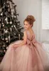 Pretty Princess Beading Flower Girl Dresses Backless Ball Gown Tulle Big Bow Girls Pageant Gown Communion For Wedding Formal Party F02