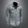 Vestes pour hommes Mode Revers à manches longues Denim Chemise Rétro Slim Bleu Style Moto Streetwear Loisirs Manteau mince