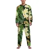 Pijamas masculinos Plantas Tropicais Pijamas Folhas Imprimir Homem Mangas Compridas Adorável Conjunto 2 Peça Casa Outono Terno Personalizado Presente