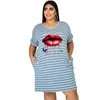 Plus Size Kleider WSFEC XL5XL für Frauen 2023 Sommer Größe Streifen Kurzarm Lose Lässige Midi Kleid Weibliche Outfits Drop 230905