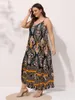 Plus Size Dresses Finjani Women Vintage Print Long Dress 2023 Summer Sexy V Neck Sleeve A-line Female Elegant Elastic Waist Drese