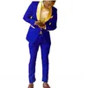 Groomsmen Royal Blue Pattern Groom Tuxedos Shawl Gold Lapel Men Suits 2 Pieces Wedding Bridegroom Jacket Pants Tie Men's &251e