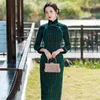 エスニック服エレガントな冬のウールカラー中国語スタイルの格子縞のスタンド女性の緑のチョンサムQIPAOドレス伝統