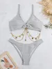 Kobiety dla kobiet kobiety 2pcs seksowne bikini stroje kąpielowe kostiury kąpielowe Zestaw Summer plażowy złoty metalowy łańcuch stanik stanik stringi dna Brazylijskie