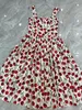 Womens dress European fashion brand sleeveless gathered waist white cherry printed cotton midi dress