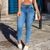 Calças de brim femininas moda magro ajuste carga vintage streetwear mulheres botão bolsos cintura alta zip hem elástico denim lápis calças