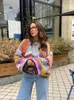 Women Sweters Kolorowe szydełkowane w paski szydełkowane Słodka Latarnia luźna krótka kardigany Kobiety jesienne moda na dzianina streetwearu 230905