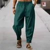 Männer Hosen Casual Gym Taschen Mittlere Taille Hosen Sweatpant Männlichen 2023 Gürtel Elastische Hose Vintage Solide Leinen Baggy Männer kleidung