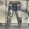 Rippad mode amirr mens jeans kläddesigner byxor ljus blå män smal denim rak cyklist hål hip hopp jeans28-40