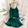 Women's Sleepwear 2PCS Strap Tops&Shorts Sleep Suit Sexy Women Green Pajamas Set Intimate Lingerie Summer V-Neck Nightwear Lounge Wear