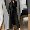 Womens Wool Blends Autumn Winter Women Woolen Cloth Coat Warm Long Length Double Breasted Navy Blue Female Elegant Outerwear Loose Belt Overcoat 230905