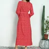 Casual Dresses Wedding Party Bridesmaid Early Fall Tie Midjan O Neck Dress Tryckt Flare Long Sleeves Flowy Hem Vestidos