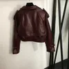 Womens Jackets Autumnwinter Simple Vintage Bourgogne Crepe för att göra en gammal Vneck Silhouette Oil Wax Suede Leather Jacket för damer 230906