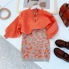 Clothing Sets 2pcs Girls Casual Thermal Knit Sweater & Leopard Print Skirt Set For Winter Party Orange